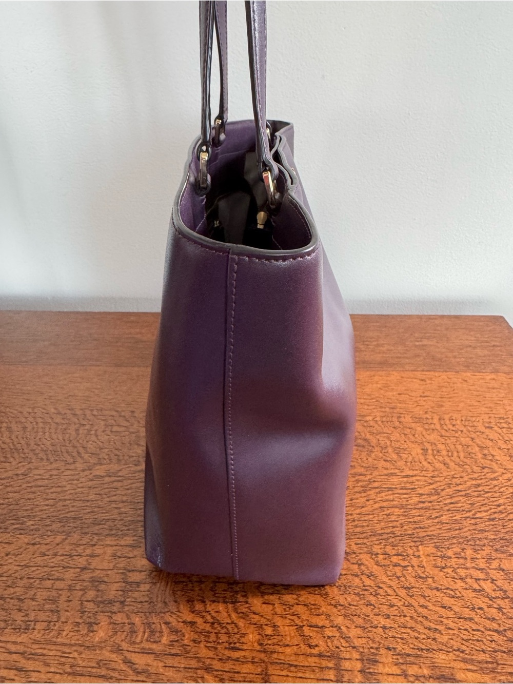 Michael Kors Mott Leather Tote with Gold MK Logo - Eggplant - Picture 4 of 12